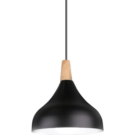 Lampe à suspension en métal rond simple et moderne nordique , Plafonnier E27 Iuminaires finition bois pour salon cuisine chambre à coucher (Noir) (1/5)