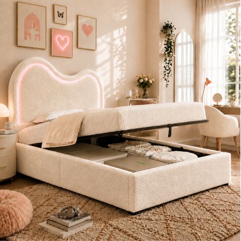 Cama infantil tapizada 215x97.5x107 cm, con almacenaje hidráulico y luz LED APP, bouclé blanco (1/5)