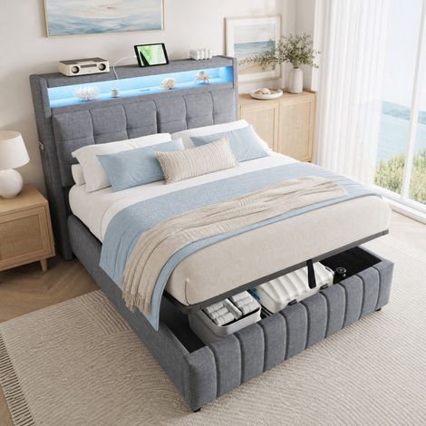 Letto 140x200 cm con LED, USB e contenitore, grigio, tessuto lino e metallo, senza materasso (1/5)