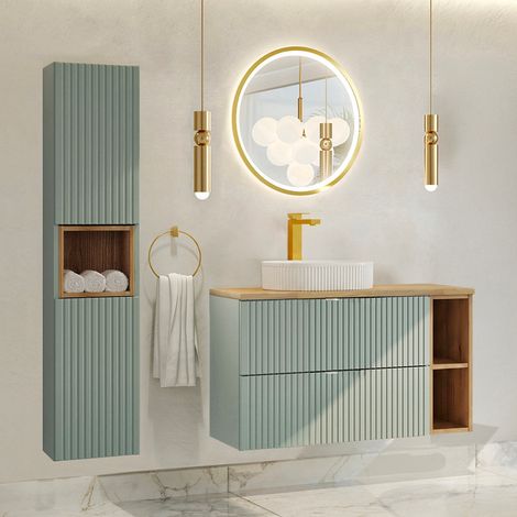 Conjunto mueble lavabo individual 100cm 2 cajones 2 compartimientos y columna Jade Verde y Madera (1/4)
