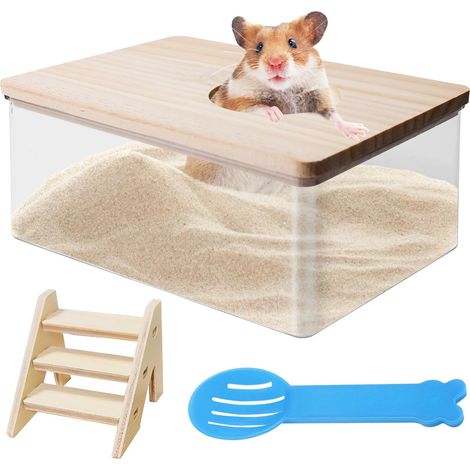 Bain de sable pour hamster et animaux de compagnie avec échelle et pelle, conteneur de bain de sable transparent pour hamster, souris, gerbille (1/5)