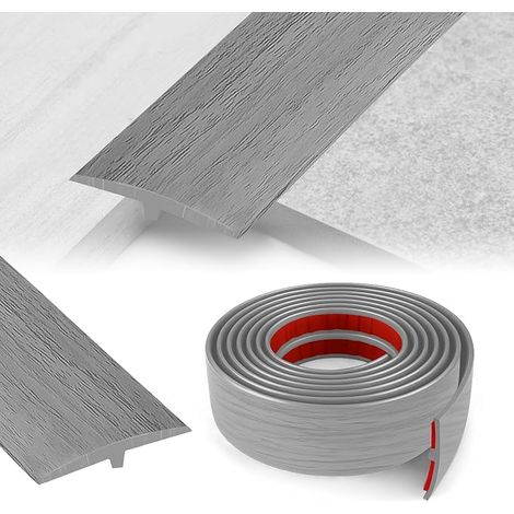 Barre de Seuil Adhesive, 5 CM x 5 M Seuil de Porte Adhesif En Forme de T, Seuil de la Jonction Entre Deux Dalles de Sol (Gris Bois) (1/5)