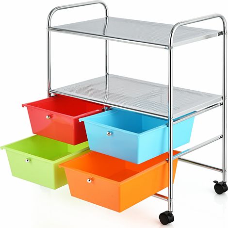 Carrello multiuso con ruote, Carrello con 4 cassettiere e 2 piani per cucina bagno 63,5x37x75cm Colorato 2 (1/4)