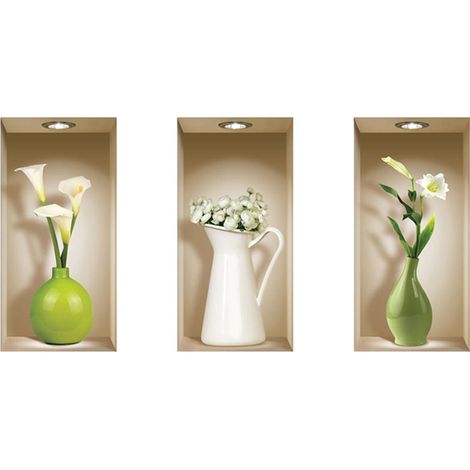 Ensemble de 3 stickers muraux 3D en forme de vases colorés, à monter soi-même, amovibles, pour salon, chambre, canapé, décoration intérieure. (1/5)