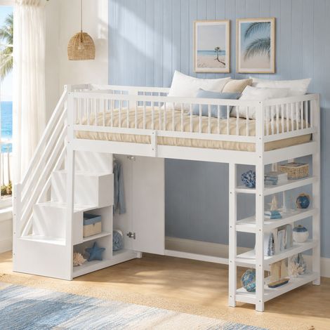 Cama alta multifuncional (254x96x169 cm), con armario, estantes y escalera de seguridad, madera maciza blanca (1/5)