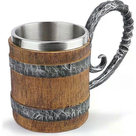 Mug en forme de tonneau en bois, tasse à café ou bouteille d'eau style viking à double paroi, style bar/bouteille de bière, en résine et acier inoxydable. Décoration pour bar. (1/4)