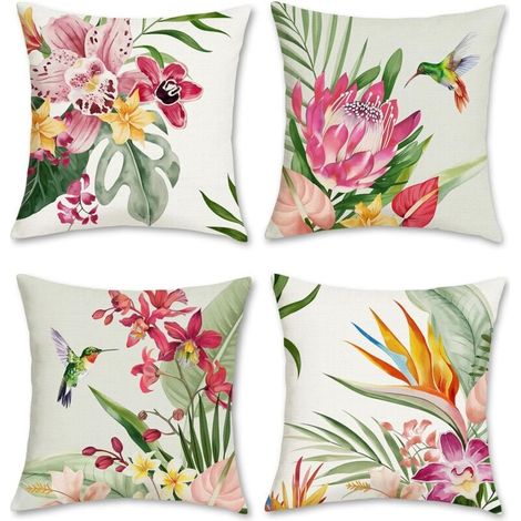 housses de coussin décoratives en et lin à motifs fleurs tropicales 45 x 45 cm Lot de 4 45 cm 45 x Polyester (1/4)