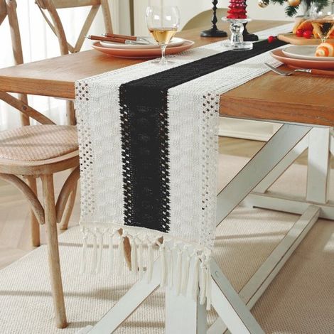 Runner da tavola bicolore, cucito in cotone e lino, 30 x 220 cm, runner da tavola neutro in stile bohémien, decorazione tessuta per tavoli in stile country. (1/5)
