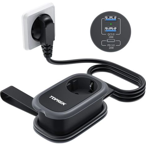 USB-Steckdosenleiste, Reiseladegerät mit Schnellladefunktion: USB-C (20 W PD3.0), 2 USB-A (18 W QC3.0), 1 Schuko-Anschluss, 4000 W/16 A, 1,13 m Kabel, geeignet für Reisen, Büro, Zuhause und Arbeitszim (1/4)
