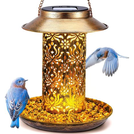 Mangeoire solaire suspendue pour oiseaux sauvages, lampe solaire de jardin robuste en cuivre creux pour extérieur (1/5)