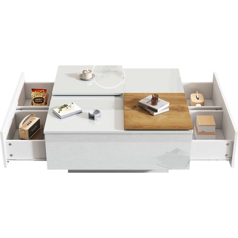 Table basse moderne carrée blanche brillante aspect bois, 75x75x33,5 cm, plateau coulissant, charge max 30 kg (1/5)