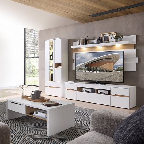Wohnzimmer Set mit Couchtisch und LED-Beleuchtung, weiß supermatt mit Eiche, 4-teilig - MANRESA-36 (1/5)