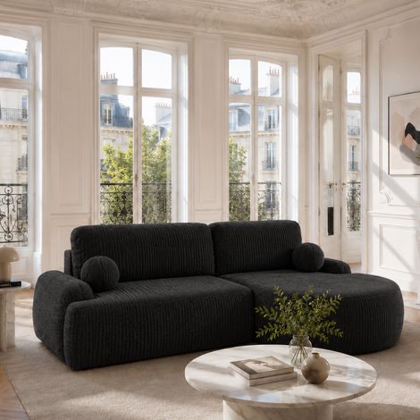 MIKIA - Canapé d’angle convertible en velours côtelé avec coffre de rangement - 265 cm - Noir (1/5)