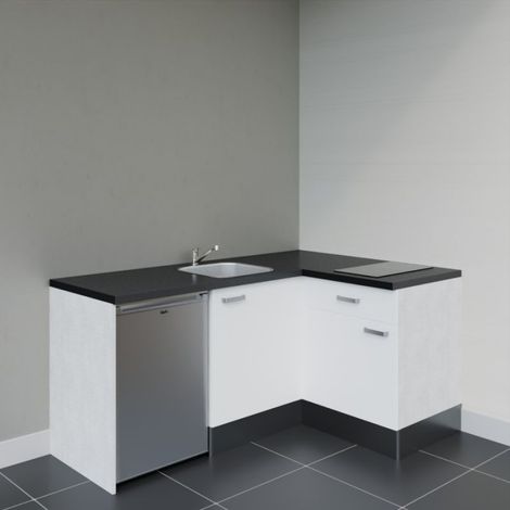 Kitchenette KA01 Blanc - Plan de travail Noir texturé - Crédence : Non - Electroménager : Inox (1/4)