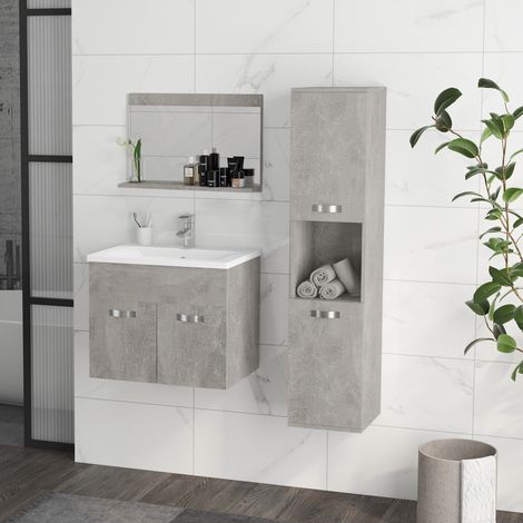 4-teiliges Badezimmermöbel-Set mit 60-cm-Waschbecken, Schrank, Waschtischsäule und Holzspiegel, Grau