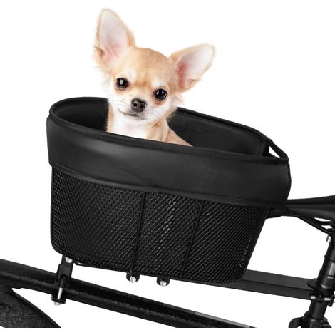Bike Basket for Dog – MTB Shopping Cart Portable Cat Dog Carrier – Front Crossbar Mount with Foam Lining Safety Strap – Black (1/5)
