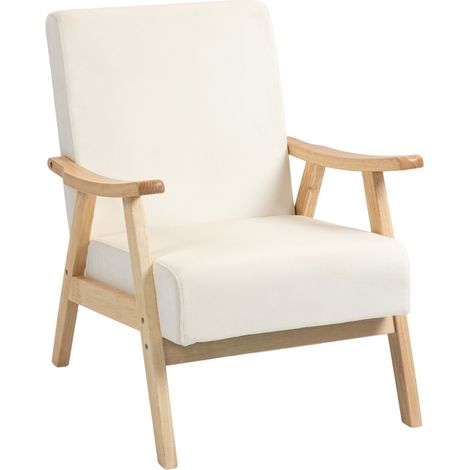 Poltrona relax nordica con braccioli, rivestimento effetto velluto, struttura in legno, bianco crema (1/5)