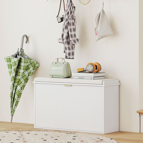 Banc à chaussures avec étagère intérieure réglable et amovible, étagère à chaussures en bois et tissu effet lin, 80 x 26 x 47,5 cm, blanc et beige