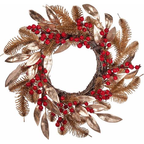 Ghirlande di Natale con bacche rosse, aghi di pino e foglie dorate, set da 2 pezzi, Ø 35 cm