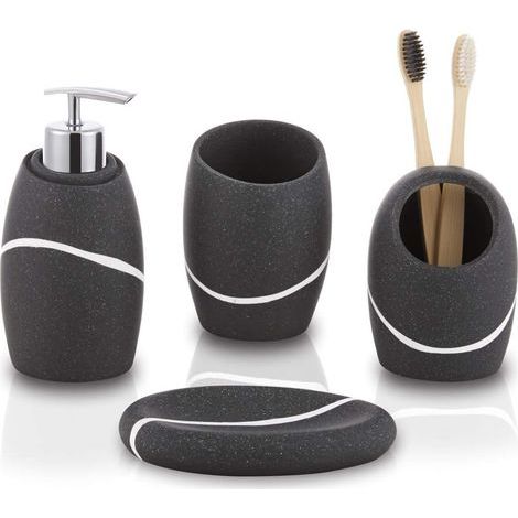 1 Ensemble Accessoires Salle De Bain - Distributeur Savon Porte Brosse Gobelet Porte Savon - Résine Robuste Pour Famille Enfant - Noir Granit - 7,6x15,2cm (1/5)