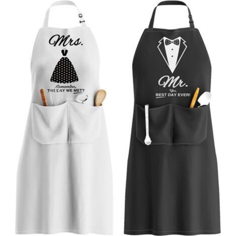 Mr. & Mrs. Apron, Adjustable Apron with 2 Pockets, Couple Apron Gift for Wedding Anniversary, Valentine's Day, Party (Black & White) 2 Pieces (1/5)