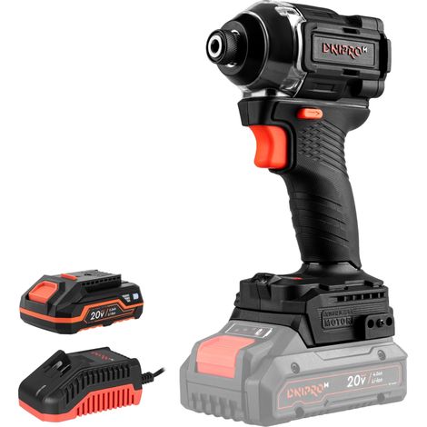Atornillador de Impacto 20V DTD-201BC Dnipro-M, Motor Brushless 200 Nm, 4 Velocidades, Portabrocas 1/4" HEX, Solo 1 kg, con Batería 2Ah y Cargador