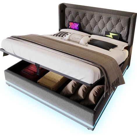 Lit coffre 180x200 cm en coton gris avec tête de lit capitonnée, ports USB/Type-C et LED 3 côtés, sommier à lattes (1/5)