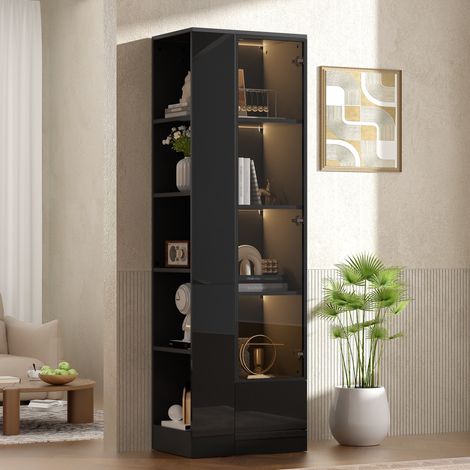 Vitrine en verre avec LED, etagère d'angle laqué brillant avec tiroir de rangement, colonne moderne pour salon et salle à manger, Noir (1/5)