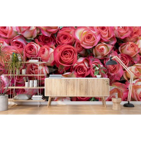 Papier peint fleuri - massif roses rouges - 150 x 250 cm (1/2)