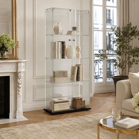 Vitrine vitrée, Vitrine Exposition avec serrure, Vitrine de Collection 2 porte, Armoire vitrée avec LED réglable et 3 étagères , Étagère de Présentation, Protection anti-basculement, Noir (1/5)
