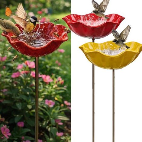 Abreuvoir pour oiseaux sur piquet - Lot de 2 - Bain d'oiseaux - Abreuvoir pour oiseaux de jardin - Bain d'oiseaux - Bain d'oiseaux de terrasse - Forme élégante de fleur - Mangeoire de jardin - Bain d' (1/5)