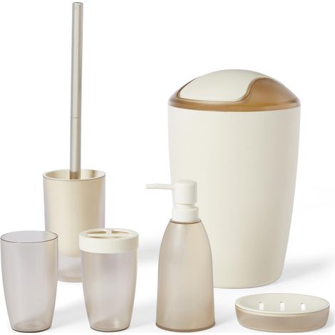Ensemble d’Accessoires de Salle de Bain avec Porte-Brosse à Dents, Distributeur de Savon, Porte-Savon, Gobelet, Poubelle, Brosse pour WC et Support, Ivoire (1/5)