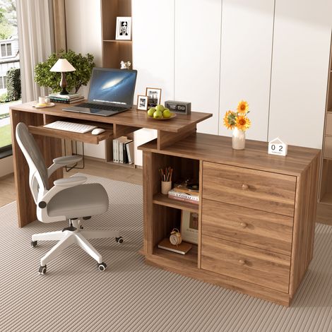 DESMIU Bureau droit avec plateau extensible, 3 tiroirs, 2 niches ouvertes et passe-câbles, pour bureau à domicile (1/5)