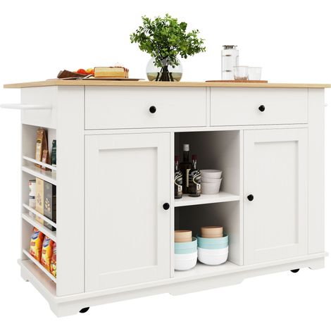 Îlot de cuisine, chariot de cuisine équipé d’une multiprise, meuble de cuisine, chariot de service avec plan de travail, buffet, chariot de repas effet bois, buffet, blanc