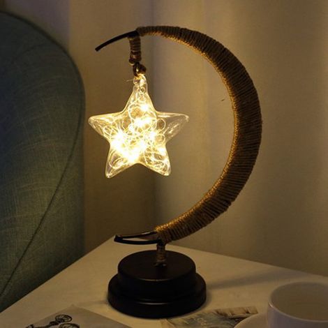 Lampe Veilleuse Lune Étoile - En Fer Forgé Main - Avec Commande Tactile - Lumière Chaleureuse Bleue Violette Multicolore - Pour Chambre Salon Décoration Intérieure - 1 Pièce (1/2)