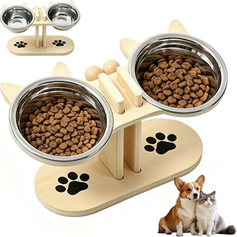 Gamelle Chat Surélevée, 2-en-1 Bols Chat Acier Inoxydable de Nourriture, Inclinable à 15°Bol pour Chat Anti-Vomissement Bol,Réglable (1/5)