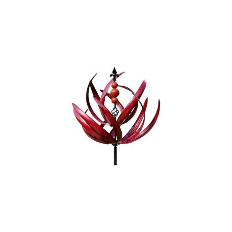 Moulin à vent lotus en métal pour jardin – Rotation 360° – Fleurs rouges – Poteau épaissi – Anti-UV et antirouille – Sculpture cinétique