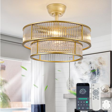 Ventilador de techo con luz, 53x53x30 cm, control por app y mando, 6 velocidades, motor silencioso, ABS y cristal dorado