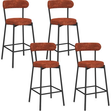 Lot de 4 tabourets de bar MIKI dossier incurvé en tissu chenille terracotta pieds en métal noir (1/5)