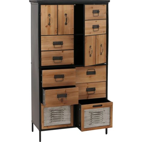 Commode style apothicaire vintage avec 6 tiroirs et 2 placards en bois naturel et métal meuble de rangement hauteur 136 cm 040009139 (1/5)