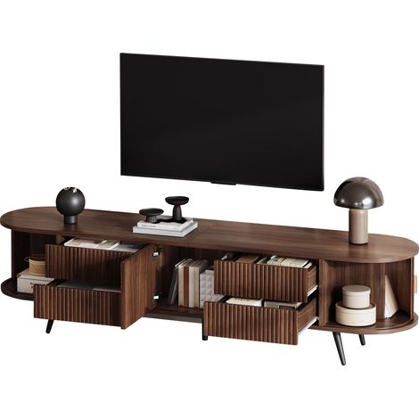 Mobile TV con 4 Cassetti e 1 Anta scorrevole, Design Ovale con Doghe Verticali, per Soggiorno, in MDF, 180×40×45 cm, Noce (1/5)