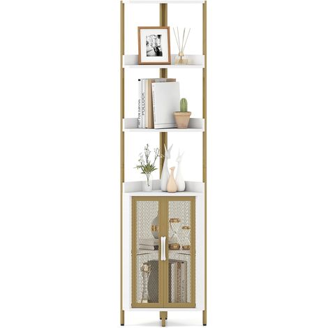 COSTWAY Scaffale Angolare a 6 Ripiani, Libreria Alta 170 cm con Armadietto, Scaffale Industrial per Libri con Ante, Multiuso per Soggiorno, Camera da Letto (Bianco) (1/5)