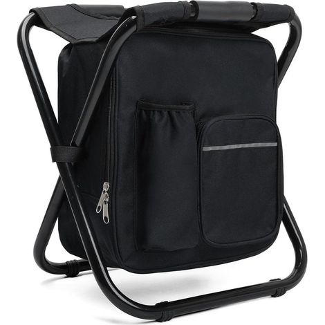 Tabouret de camping pliant de 40 cm avec sac isotherme de 15 L, siège de pêche avec sac à dos, compact et fonctionnel, chaise pliante pour la chasse et les pique-niques, noir (1/5)