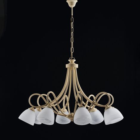 Candelabro de hierro decape marfil ocho luces pantallas de vidrio de alabastro blanco 81x h55 cm