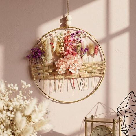 Dried Flower Wreath, 25 x 25 cm Wall Wreath of Immortal Flowers, Wall Decoration Hanging Wreath in Gold Metal and Dried Flowers for Indoor and Outdoor Use (1/4)