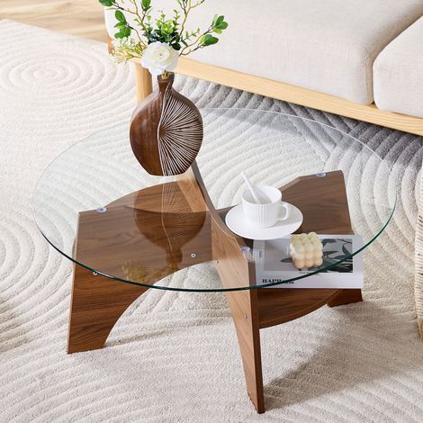 Mesa de centro redonda 80x80x36 cm de vidrio y MDF efecto nogal, diseño moderno FloraGrace (1/5)