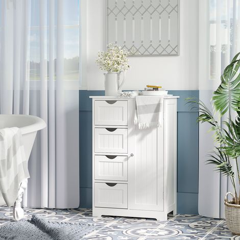Armario Auxiliar de Baño Mueble para Baño con Puerta 4 Cajones y Estante Ajustable para Cocina Salón 56x30x83 cm Blanco (1/5)