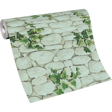 Papier peint imitation pierre & feuilles idéal salon Tapisserie à motif brique blanche Papier peint pour couloir blanc & vert (1/5)