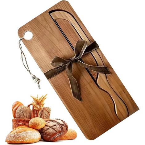 Ensemble couteau et planche à pain – Acier inoxydable – Bois d'acacia – Planche à découper – Coupe baguettes et bagels (1/5)