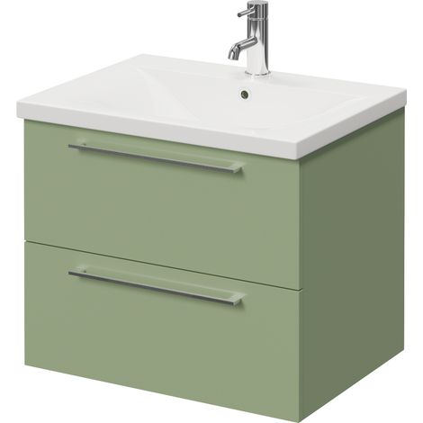 Napoli 460 Olive Green 600mm Wall Mounted 2 Drawer Vanity Unit with Glide Basin - 600mm - Chrome 320mm Handle